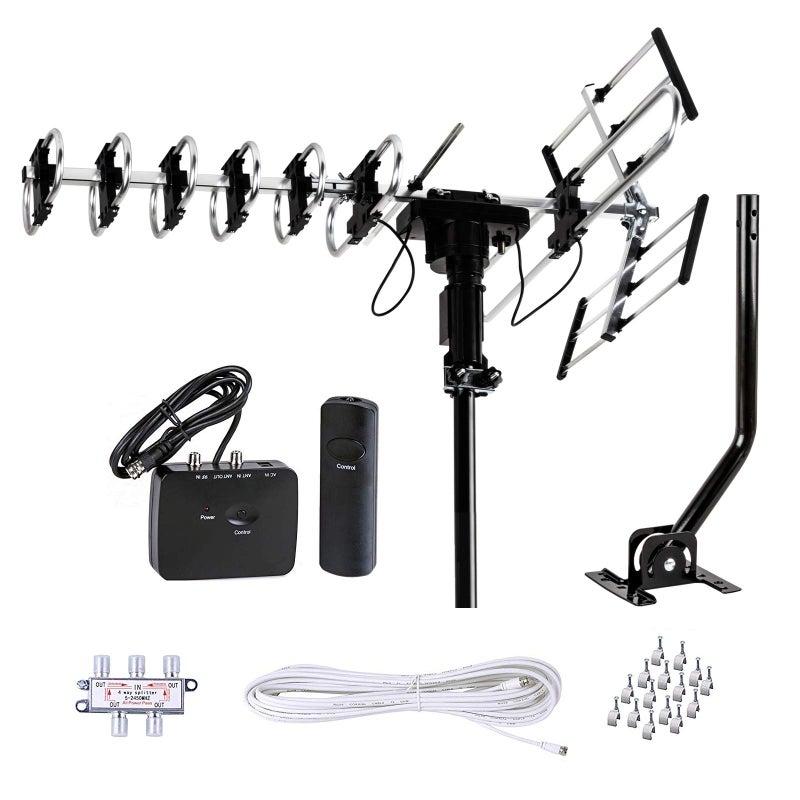 Five Star Outdoor Antenna HD TV 200 Miles Range with Motorized 360Â° Rotation, UHF/VHF/FM Radio with Infrared Remote Control Plus Installation Kit & Mounting Pole - Image 1